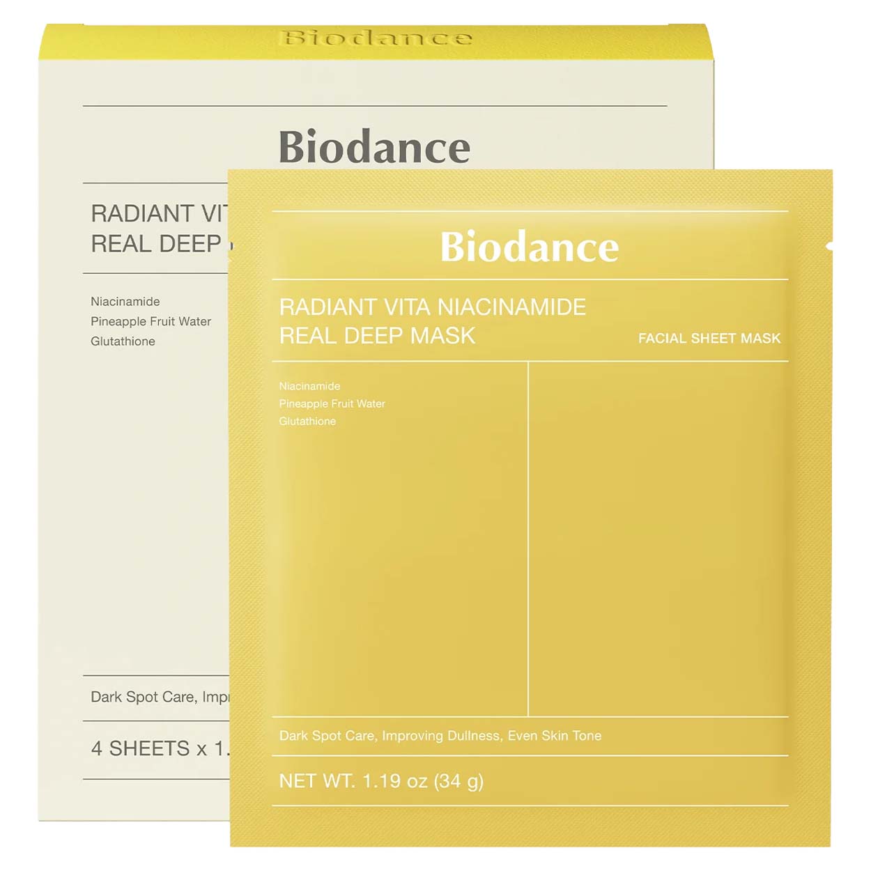 BIODANCE Radiant Vita Niacinamide Real Deep Mask gelinių lakštinių veido kaukių rinkinys, 4 x 34 g.