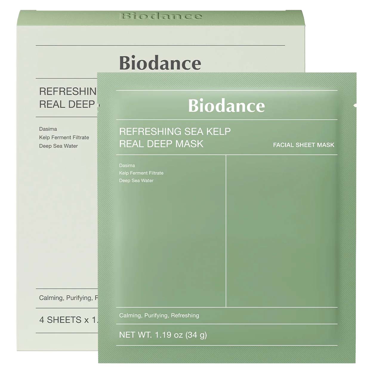 BIODANCE Refreshing Sea Kelp Real Deep Mask gelinių lakštinių veido kaukių rinkinys, 4 x 34 g.