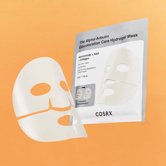 COSRX The Alpha-Arbutin Discoloration Care Hydrogel Mask gelinė veido kaukė, 34 g.