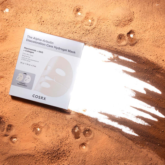 COSRX The Alpha-Arbutin Discoloration Care Hydrogel Mask gelinė veido kaukė, 3x34 g.