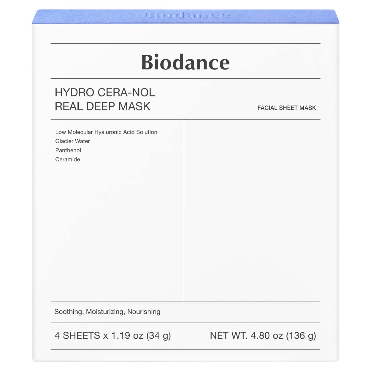BIODANCE Hydro Cera-nol Real Deep Mask gelinių lakštinių veido kaukių rinkinys, 4 x 34 g.