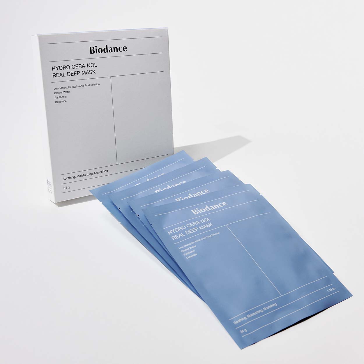 BIODANCE Hydro Cera-nol Real Deep Mask gelinių lakštinių veido kaukių rinkinys, 4 x 34 g.