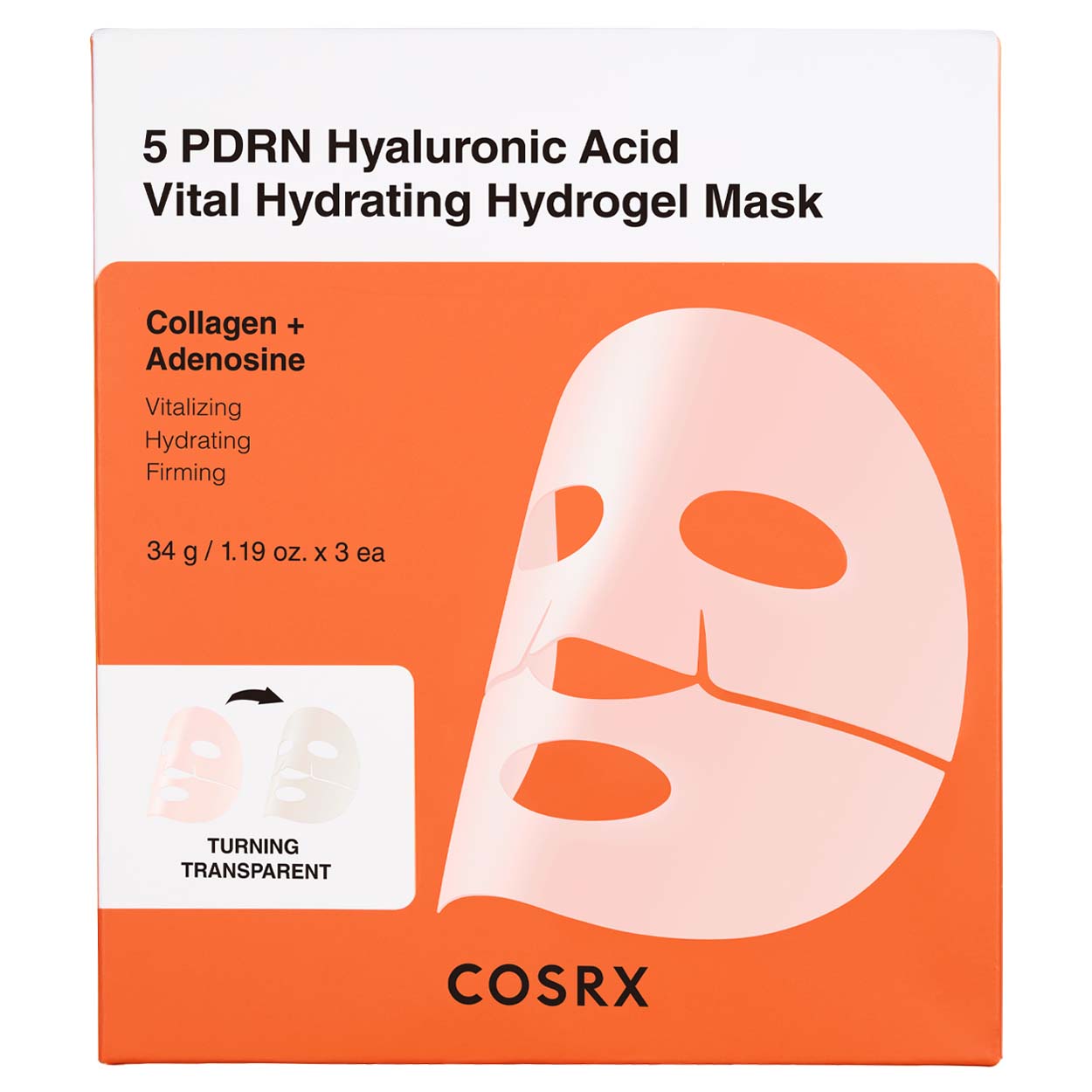 COSRX 5 PDRN Hyaluronic Acid Vital Hydrating Hydrogel Mask gelinių lakštinių veido kaukių rinkinys, 3 x 34 g.