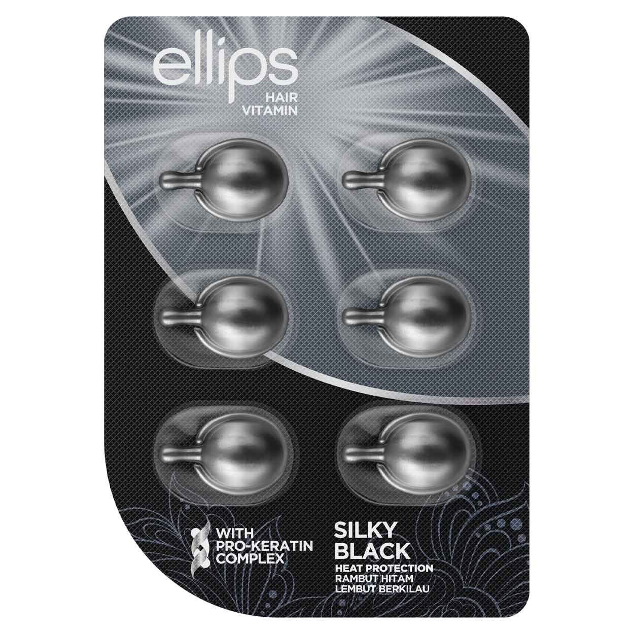 ELLIPS Silky Black Pro Keratin tepami vitaminai intensyviam tamsių plaukų atstatymui su keratinu, 6 kapsulės