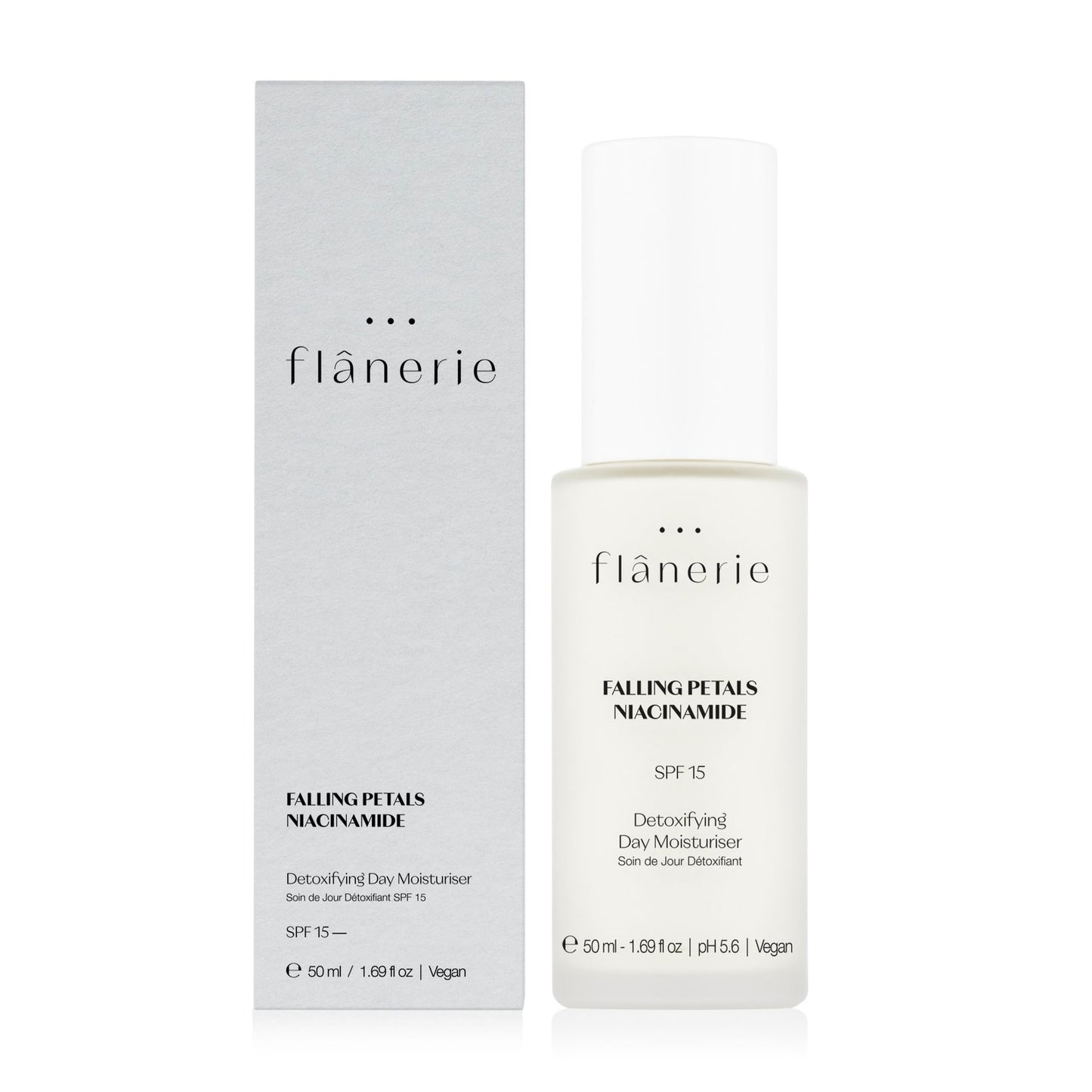 FLANERIE Falling Petals Niacinamide Detoxifying Day Moisturiser SPF 15 veido kremas, 50 ml