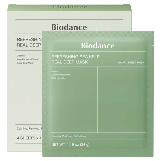 BIODANCE Refreshing Sea Kelp Real Deep Mask gelinių lakštinių veido kaukių rinkinys, 4 x 34 g.