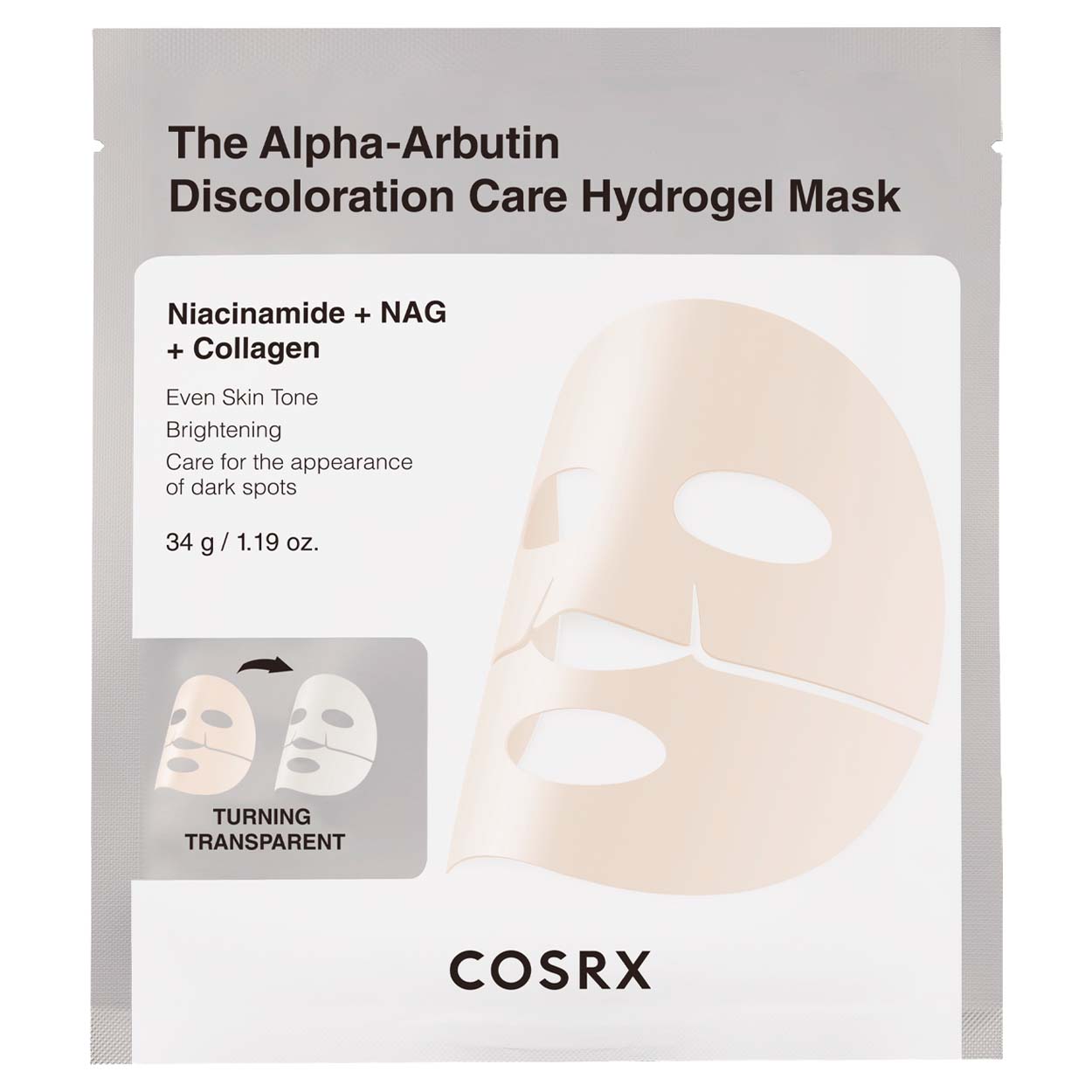 COSRX The Alpha-Arbutin Discoloration Care Hydrogel Mask gelinė veido kaukė, 34 g.