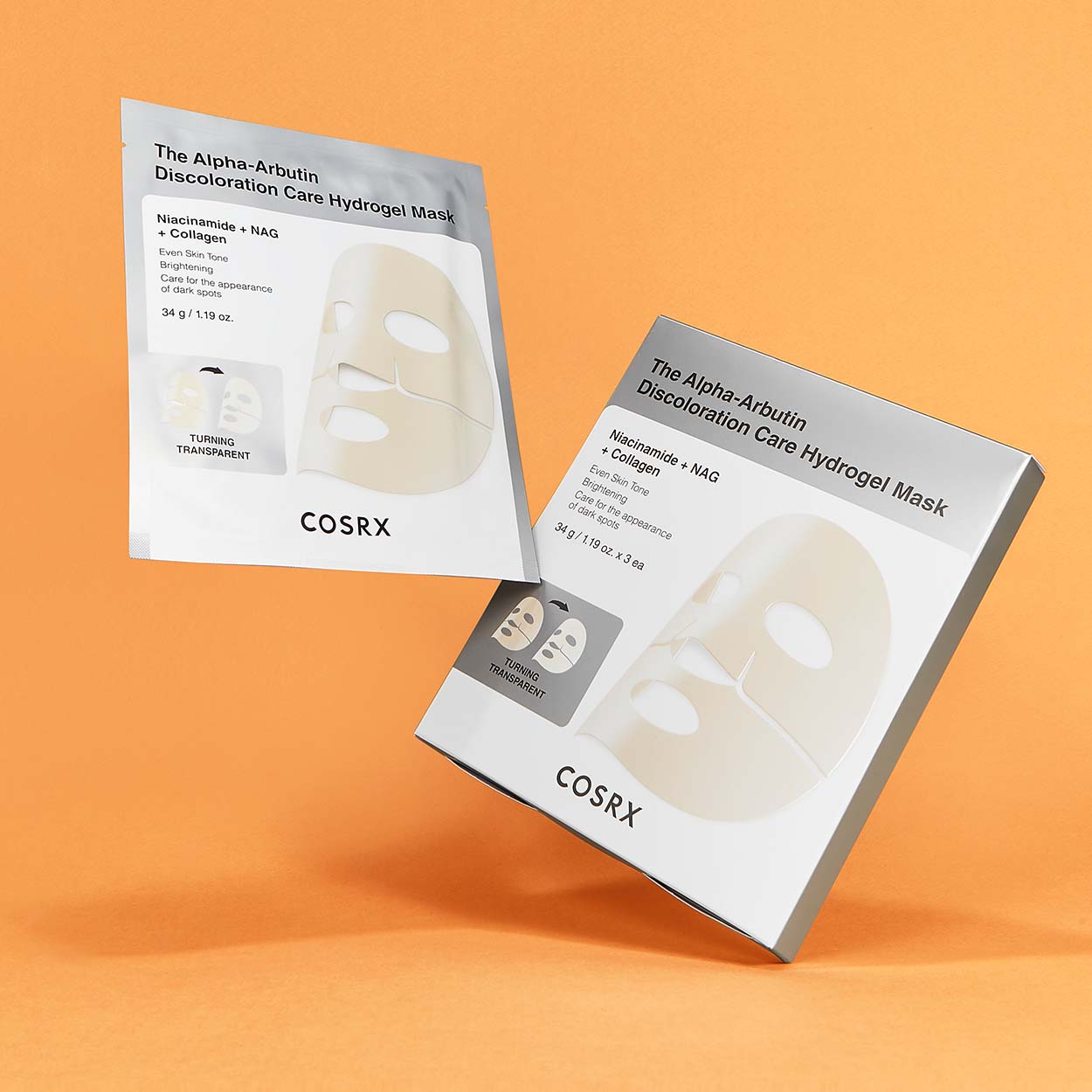 COSRX The Alpha-Arbutin Discoloration Care Hydrogel Mask gelinė veido kaukė, 3x34 g.