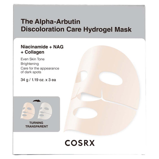 COSRX The Alpha-Arbutin Discoloration Care Hydrogel Mask gelinė veido kaukė, 3x34 g.