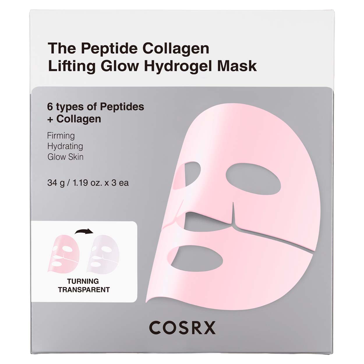 COSRX The Peptide Collagen Lifting Glow Hydrogel Mask gelinė veido kaukė, 3x34 g.