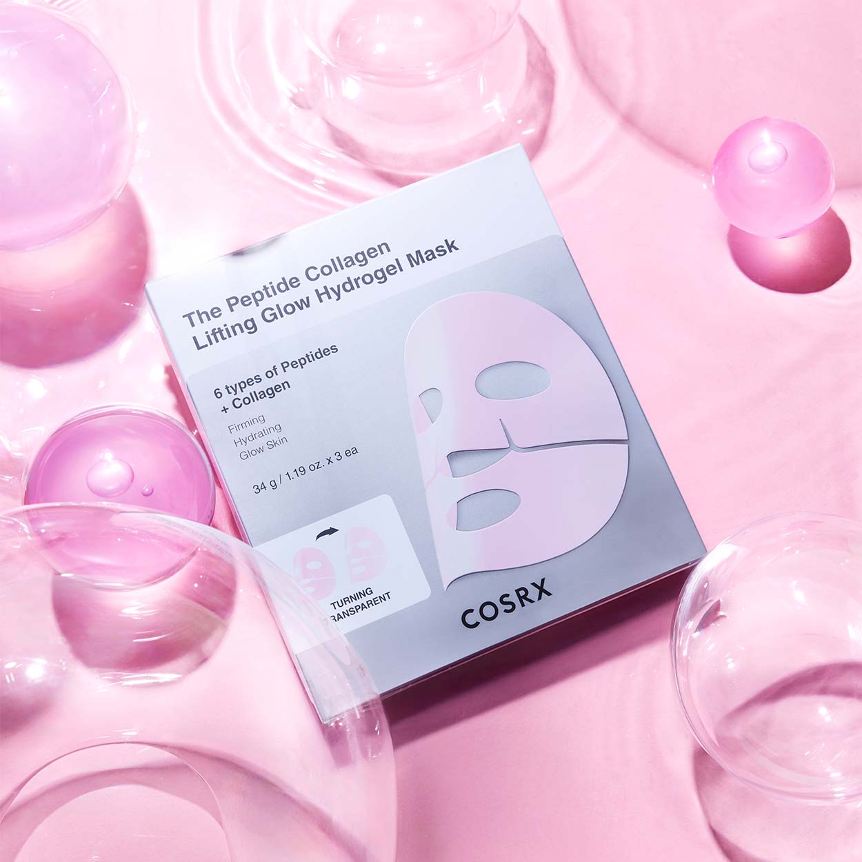 COSRX The Peptide Collagen Lifting Glow Hydrogel Mask gelinė veido kaukė, 3x34 g.