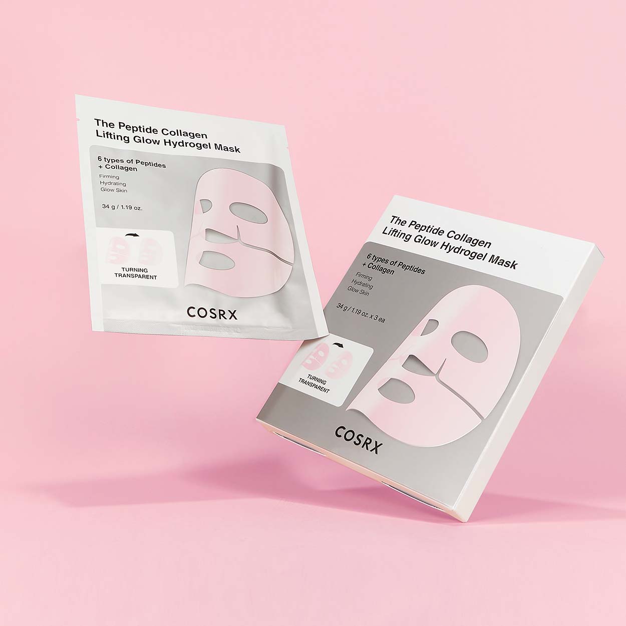 COSRX The Peptide Collagen Lifting Glow Hydrogel Mask gelinė veido kaukė, 3x34 g.