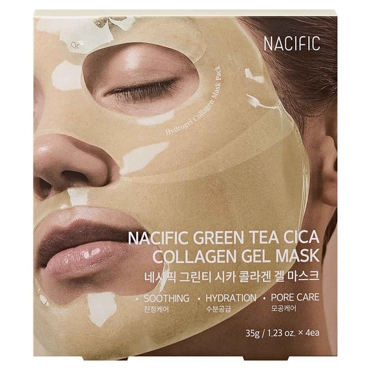 NACIFIC Green Tea Cica Collagen Gel Mask kolageno gelinė kaukė su žaliosios arbatos ir azijinės centelės kompleksu rinkinys dėžutėje, 4 x 35 g.