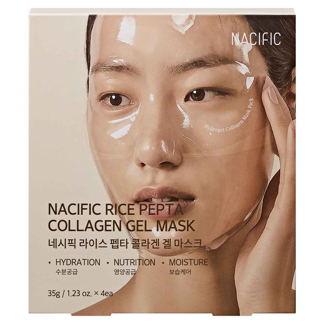 NACIFIC RICE PEPTA Collagen Gel Mask kolageno gelinė veido kaukė su peptidų kompleksu ir ryžių ekstraktu rinkinys dėžutėje, 4 x 35 g.