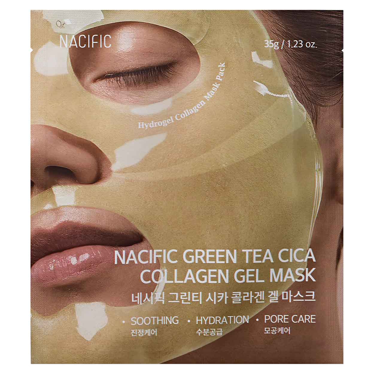 NACIFIC Green Tea Cica Collagen Gel Mask kolageno gelinė kaukė su žaliosios arbatos ir azijinės centelės kompleksu rinkinys dėžutėje, 4 x 35 g. - Facecare