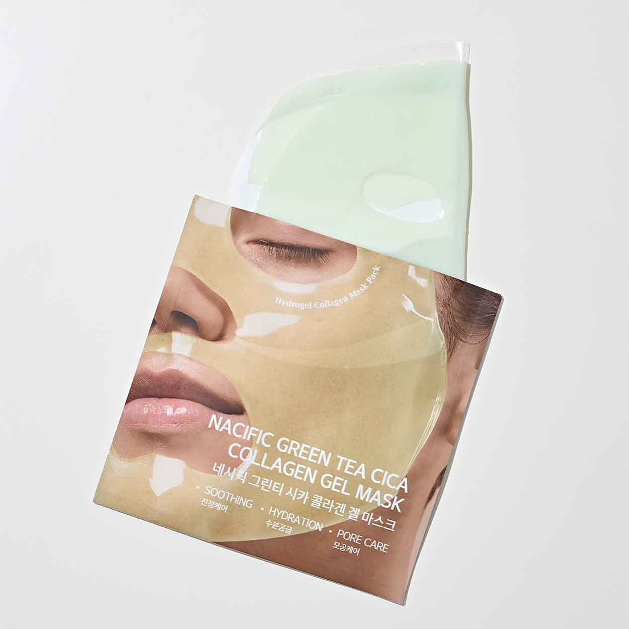 NACIFIC Green Tea Cica Collagen Gel Mask kolageno gelinė kaukė su žaliosios arbatos ir azijinės centelės kompleksu rinkinys dėžutėje, 4 x 35 g. - Facecare