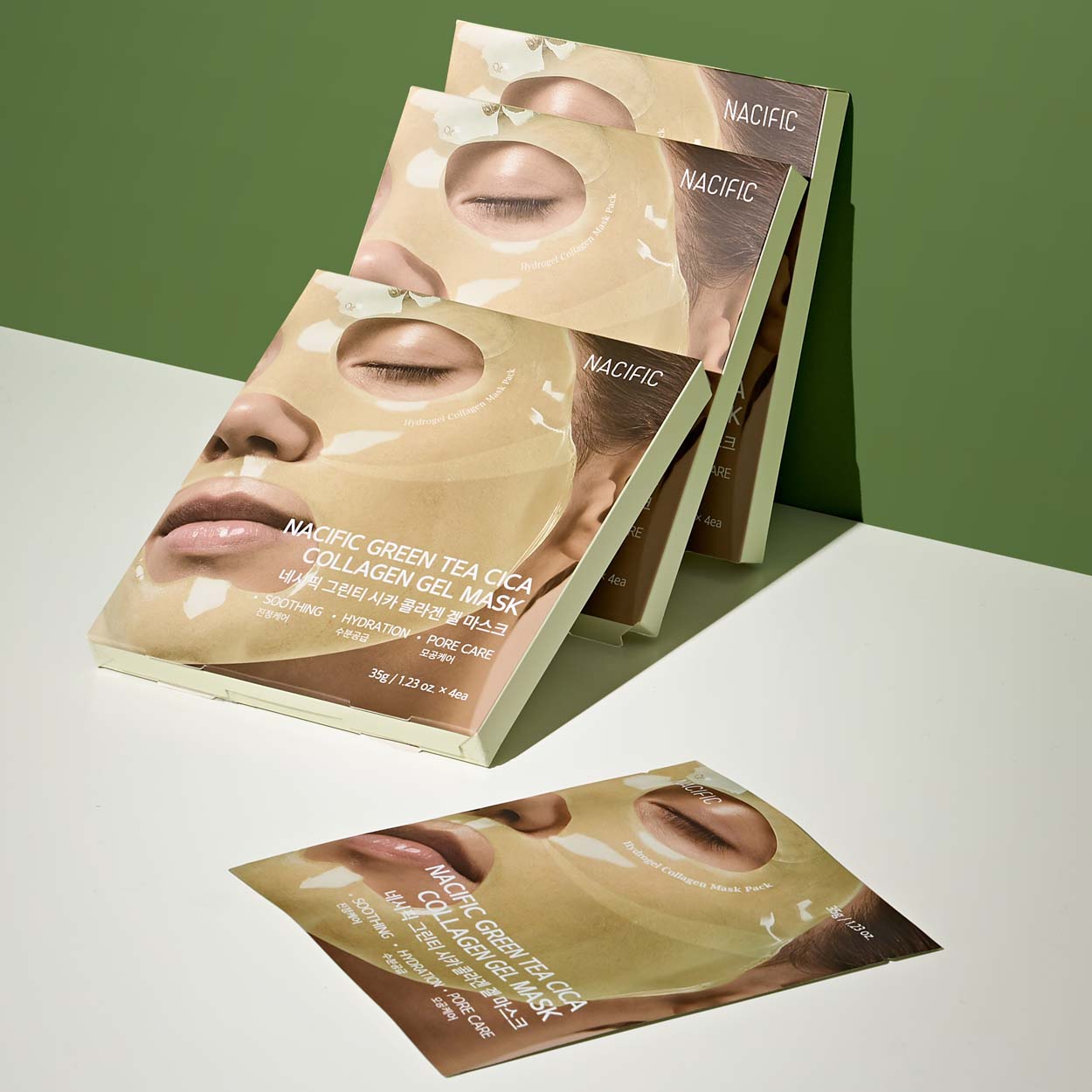 NACIFIC Green Tea Cica Collagen Gel Mask kolageno hidrogelinė kaukė su žaliosios arbatos ir azijinės centelės kompleksu, 4 x 35 g.