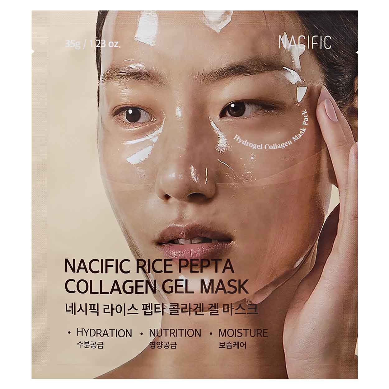 NACIFIC RICE PEPTA Collagen Gel Mask kolageno gelinė veido kaukė su peptidų kompleksu ir ryžių ekstraktu rinkinys dėžutėje, 4 x 35 g.